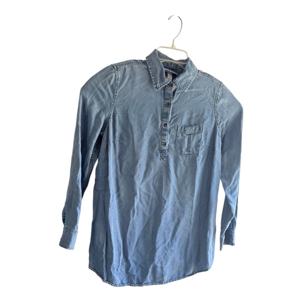 Western Boho Liz Lange Maternity Shirt Reg S Blue Denim Pullover Lyocell Tunic